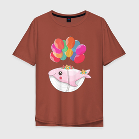 Мужская футболка хлопок Oversize с принтом Розовый кит летящий на шариках в Кировске, 100% хлопок | свободный крой, круглый ворот, “спинка” длиннее передней части | Тематика изображения на принте: fish | день рождения | кит | лето | отдых | праздник | рыба | рыбалка | шарики