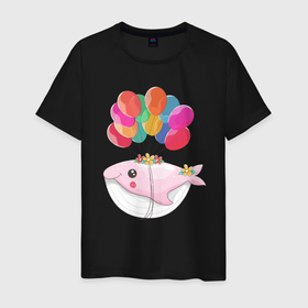 Мужская футболка хлопок с принтом Розовый кит летящий на шариках в Кировске, 100% хлопок | прямой крой, круглый вырез горловины, длина до линии бедер, слегка спущенное плечо. | fish | день рождения | кит | лето | отдых | праздник | рыба | рыбалка | шарики