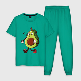 Мужская пижама хлопок с принтом Авокадо поет в Екатеринбурге, 100% хлопок | брюки и футболка прямого кроя, без карманов, на брюках мягкая резинка на поясе и по низу штанин
 | avocado | cute | fruit | авокадо | милый | музыка | фрукт