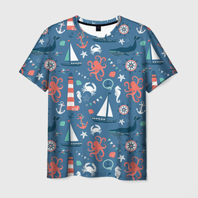 Мужская футболка 3D с принтом Морские жители в Новосибирске, 100% полиэфир | прямой крой, круглый вырез горловины, длина до линии бедер | маяк | море | морские жители | паттерны | штурвал | яхта