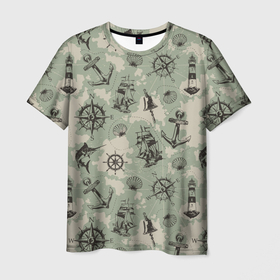 Мужская футболка 3D с принтом Морская карта в Санкт-Петербурге, 100% полиэфир | прямой крой, круглый вырез горловины, длина до линии бедер | карта | компас | корабли | морская карта | морские мотивы | паттерн | ракушки | символы | якорь