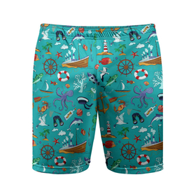 Мужские шорты спортивные с принтом Морские обитатели ,  |  | корабль | море | морские обитатели | осьминоги | пальмы | паттерны | рыбы | чайки | якорь | яхты