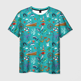 Мужская футболка 3D с принтом Морские обитатели в Кировске, 100% полиэфир | прямой крой, круглый вырез горловины, длина до линии бедер | корабль | море | морские обитатели | осьминоги | пальмы | паттерны | рыбы | чайки | якорь | яхты