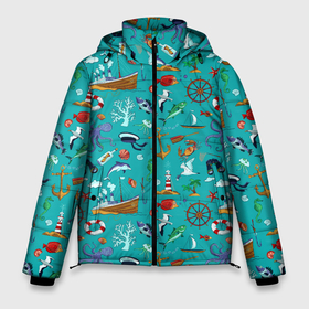 Мужская зимняя куртка 3D с принтом Морские обитатели в Курске, верх — 100% полиэстер; подкладка — 100% полиэстер; утеплитель — 100% полиэстер | длина ниже бедра, свободный силуэт Оверсайз. Есть воротник-стойка, отстегивающийся капюшон и ветрозащитная планка. 

Боковые карманы с листочкой на кнопках и внутренний карман на молнии. | корабль | море | морские обитатели | осьминоги | пальмы | паттерны | рыбы | чайки | якорь | яхты