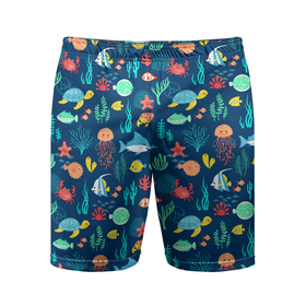 Мужские шорты спортивные с принтом Морские жители ,  |  | водоросли | звезды | кораллы | крабы | медузы | море | паттерны | рыбы | черепахи