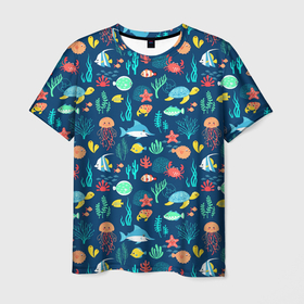 Мужская футболка 3D с принтом Морские жители в Курске, 100% полиэфир | прямой крой, круглый вырез горловины, длина до линии бедер | Тематика изображения на принте: водоросли | звезды | кораллы | крабы | медузы | море | паттерны | рыбы | черепахи