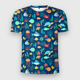 Мужская футболка 3D спортивная с принтом Морские жители , 100% полиэстер с улучшенными характеристиками | приталенный силуэт, круглая горловина, широкие плечи, сужается к линии бедра | водоросли | звезды | кораллы | крабы | медузы | море | паттерны | рыбы | черепахи