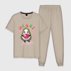 Мужская пижама хлопок с принтом Авокадо с сердцем в Санкт-Петербурге, 100% хлопок | брюки и футболка прямого кроя, без карманов, на брюках мягкая резинка на поясе и по низу штанин
 | Тематика изображения на принте: avocado | cute | dream | fruit | heart | авокадо | милый | музыка | сердечко | сердце | фрукт