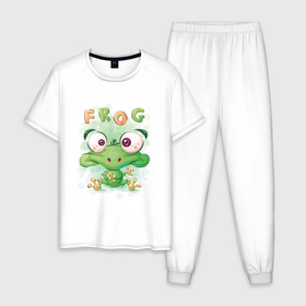 Мужская пижама хлопок с принтом Funny frog в Белгороде, 100% хлопок | брюки и футболка прямого кроя, без карманов, на брюках мягкая резинка на поясе и по низу штанин
 | cute | frog | funny | лягух | лягушенок | лягушка | милый