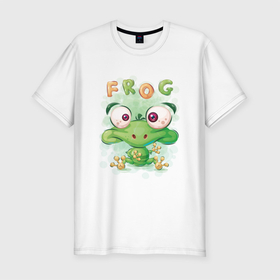 Мужская футболка хлопок Slim с принтом Funny frog в Белгороде, 92% хлопок, 8% лайкра | приталенный силуэт, круглый вырез ворота, длина до линии бедра, короткий рукав | Тематика изображения на принте: cute | frog | funny | лягух | лягушенок | лягушка | милый
