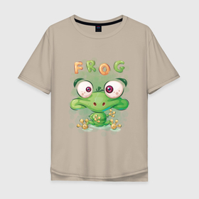 Мужская футболка хлопок Oversize с принтом Funny frog в Белгороде, 100% хлопок | свободный крой, круглый ворот, “спинка” длиннее передней части | Тематика изображения на принте: cute | frog | funny | лягух | лягушенок | лягушка | милый