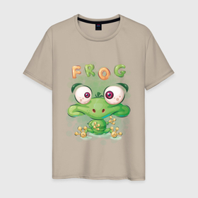 Мужская футболка хлопок с принтом Funny frog в Тюмени, 100% хлопок | прямой крой, круглый вырез горловины, длина до линии бедер, слегка спущенное плечо. | cute | frog | funny | лягух | лягушенок | лягушка | милый