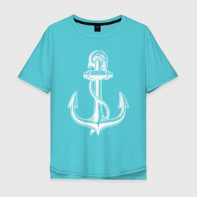 Мужская футболка хлопок Oversize с принтом БЕЛЫЙ ЯКОРЬ в Тюмени, 100% хлопок | свободный крой, круглый ворот, “спинка” длиннее передней части | вектор | вмф | военно моской флот | канат | капитан | море | морской флот | моряк | флот | якорь