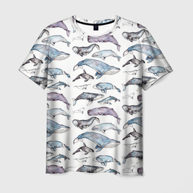 Мужская футболка 3D с принтом киты паттерн в Санкт-Петербурге, 100% полиэфир | прямой крой, круглый вырез горловины, длина до линии бедер | ocean | sea | sea animal | акварель | графика | касатка | киты | море | океан | рисунок кита