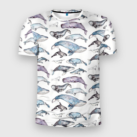 Мужская футболка 3D Slim с принтом киты паттерн в Петрозаводске, 100% полиэстер с улучшенными характеристиками | приталенный силуэт, круглая горловина, широкие плечи, сужается к линии бедра | ocean | sea | sea animal | акварель | графика | касатка | киты | море | океан | рисунок кита