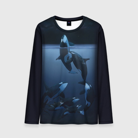 Мужской лонгслив 3D с принтом касатки в Тюмени, 100% полиэстер | длинные рукава, круглый вырез горловины, полуприлегающий силуэт | Тематика изображения на принте: ocean | orca | sea | sea animal | дельфин | касатка | кит | море | океан | рисунок кита