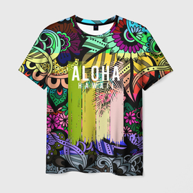 Мужская футболка 3D с принтом АЛОХА ГАВАЙИ | ALOHA HAWAII в Петрозаводске, 100% полиэфир | прямой крой, круглый вырез горловины, длина до линии бедер | aloha | hawaii | гаваи | гаваии | гавайи | доски | лето | море | паттерн | серфинг | текстура | цветы