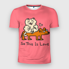 Мужская футболка 3D спортивная с принтом собачка и котик в Петрозаводске, 100% полиэстер с улучшенными характеристиками | приталенный силуэт, круглая горловина, широкие плечи, сужается к линии бедра | Тематика изображения на принте: животные | кот | любовь | милота | собака