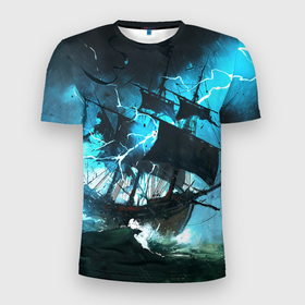 Мужская футболка 3D Slim с принтом Летучий голландец в Кировске, 100% полиэстер с улучшенными характеристиками | приталенный силуэт, круглая горловина, широкие плечи, сужается к линии бедра | корабль | летучий голландец | море | парусник | пиратский | старинный