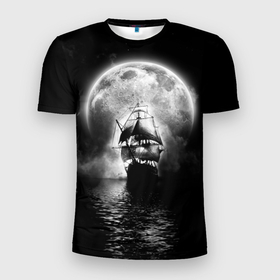 Мужская футболка 3D Slim с принтом Летучий голландец в Белгороде, 100% полиэстер с улучшенными характеристиками | приталенный силуэт, круглая горловина, широкие плечи, сужается к линии бедра | Тематика изображения на принте: корабль | летучий голландец | море | парусник | пиратский | старинный