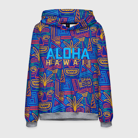Мужская толстовка 3D с принтом ALOHA HAWAII | АЛОХА ГАВАЙИ в Тюмени, 100% полиэстер | двухслойный капюшон со шнурком для регулировки, мягкие манжеты на рукавах и по низу толстовки, спереди карман-кенгуру с мягким внутренним слоем. | aloha | aloha hawaii | hawaii | гаваи | гавайи | гавайские маски | индийские маски | маска тики | маски | маски тики | надпись | пальмы | синий | тики