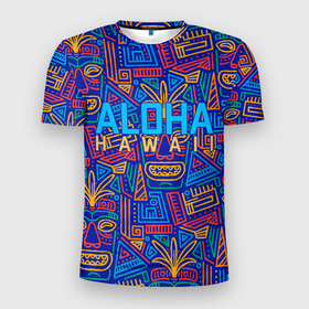 Мужская футболка 3D Slim с принтом ALOHA HAWAII | АЛОХА ГАВАЙИ в Новосибирске, 100% полиэстер с улучшенными характеристиками | приталенный силуэт, круглая горловина, широкие плечи, сужается к линии бедра | Тематика изображения на принте: aloha | aloha hawaii | hawaii | гаваи | гавайи | гавайские маски | индийские маски | маска тики | маски | маски тики | надпись | пальмы | синий | тики