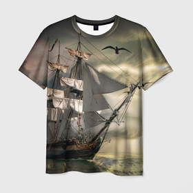 Мужская футболка 3D с принтом Парусник в Петрозаводске, 100% полиэфир | прямой крой, круглый вырез горловины, длина до линии бедер | гроза | живопись | корабль | море | парусник | старинный | чайки