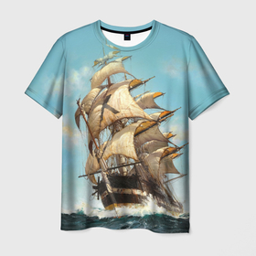 Мужская футболка 3D с принтом Парусник в Петрозаводске, 100% полиэфир | прямой крой, круглый вырез горловины, длина до линии бедер | волны | живопись | корабль | море | парусник | старинный