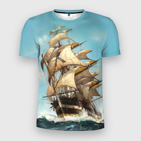 Мужская футболка 3D Slim с принтом Парусник в Белгороде, 100% полиэстер с улучшенными характеристиками | приталенный силуэт, круглая горловина, широкие плечи, сужается к линии бедра | волны | живопись | корабль | море | парусник | старинный