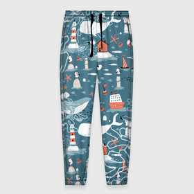 Мужские брюки 3D с принтом Море и его жители в Новосибирске, 100% полиэстер | манжеты по низу, эластичный пояс регулируется шнурком, по бокам два кармана без застежек, внутренняя часть кармана из мелкой сетки | киты | кораллы | маяк | море | морская тема | морские символы | паттерн | чайка