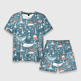 Мужской костюм с шортами 3D с принтом Море и его жители в Тюмени,  |  | киты | кораллы | маяк | море | морская тема | морские символы | паттерн | чайка