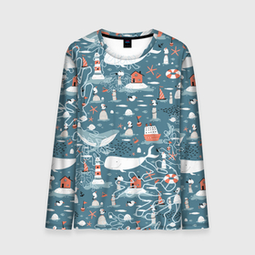 Мужской лонгслив 3D с принтом Море и его жители в Екатеринбурге, 100% полиэстер | длинные рукава, круглый вырез горловины, полуприлегающий силуэт | киты | кораллы | маяк | море | морская тема | морские символы | паттерн | чайка