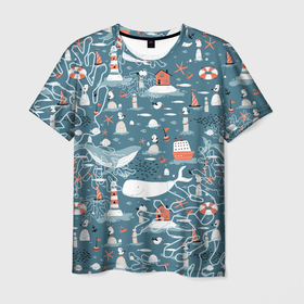 Мужская футболка 3D с принтом Море и его жители в Курске, 100% полиэфир | прямой крой, круглый вырез горловины, длина до линии бедер | киты | кораллы | маяк | море | морская тема | морские символы | паттерн | чайка