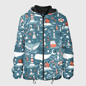 Мужская куртка 3D с принтом Море и его жители в Новосибирске, ткань верха — 100% полиэстер, подклад — флис | прямой крой, подол и капюшон оформлены резинкой с фиксаторами, два кармана без застежек по бокам, один большой потайной карман на груди. Карман на груди застегивается на липучку | киты | кораллы | маяк | море | морская тема | морские символы | паттерн | чайка