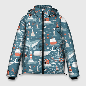 Мужская зимняя куртка 3D с принтом Море и его жители в Курске, верх — 100% полиэстер; подкладка — 100% полиэстер; утеплитель — 100% полиэстер | длина ниже бедра, свободный силуэт Оверсайз. Есть воротник-стойка, отстегивающийся капюшон и ветрозащитная планка. 

Боковые карманы с листочкой на кнопках и внутренний карман на молнии. | Тематика изображения на принте: киты | кораллы | маяк | море | морская тема | морские символы | паттерн | чайка