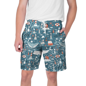 Мужские шорты 3D с принтом Море и его жители в Белгороде,  полиэстер 100% | прямой крой, два кармана без застежек по бокам. Мягкая трикотажная резинка на поясе, внутри которой широкие завязки. Длина чуть выше колен | киты | кораллы | маяк | море | морская тема | морские символы | паттерн | чайка
