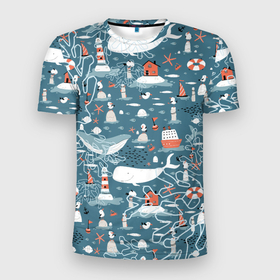 Мужская футболка 3D спортивная с принтом Море и его жители в Екатеринбурге, 100% полиэстер с улучшенными характеристиками | приталенный силуэт, круглая горловина, широкие плечи, сужается к линии бедра | киты | кораллы | маяк | море | морская тема | морские символы | паттерн | чайка