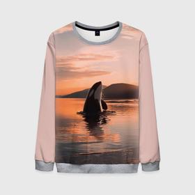 Мужской свитшот 3D с принтом касатки на закате в Кировске, 100% полиэстер с мягким внутренним слоем | круглый вырез горловины, мягкая резинка на манжетах и поясе, свободная посадка по фигуре | ocean | orca | sea | sea animal | дельфин | закат | касатка | кит | море | океан | рисунок кита