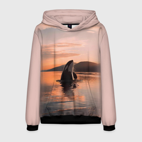 Мужская толстовка 3D с принтом касатки на закате в Белгороде, 100% полиэстер | двухслойный капюшон со шнурком для регулировки, мягкие манжеты на рукавах и по низу толстовки, спереди карман-кенгуру с мягким внутренним слоем. | Тематика изображения на принте: ocean | orca | sea | sea animal | дельфин | закат | касатка | кит | море | океан | рисунок кита