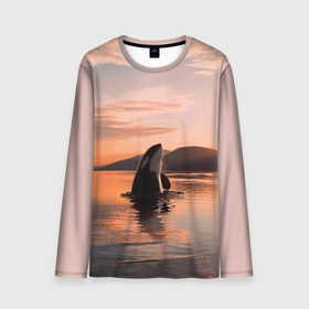 Мужской лонгслив 3D с принтом касатки на закате в Екатеринбурге, 100% полиэстер | длинные рукава, круглый вырез горловины, полуприлегающий силуэт | ocean | orca | sea | sea animal | дельфин | закат | касатка | кит | море | океан | рисунок кита