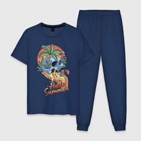 Мужская пижама хлопок с принтом Summer skull в Санкт-Петербурге, 100% хлопок | брюки и футболка прямого кроя, без карманов, на брюках мягкая резинка на поясе и по низу штанин
 | beach | sea | skull | summer | лето | море | пляж | череп