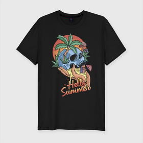 Мужская футболка хлопок Slim с принтом Summer skull в Курске, 92% хлопок, 8% лайкра | приталенный силуэт, круглый вырез ворота, длина до линии бедра, короткий рукав | beach | sea | skull | summer | лето | море | пляж | череп