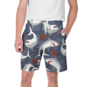 Мужские шорты 3D с принтом Акулы в Екатеринбурге,  полиэстер 100% | прямой крой, два кармана без застежек по бокам. Мягкая трикотажная резинка на поясе, внутри которой широкие завязки. Длина чуть выше колен | shark | акула | акулы | клыки | море | океан | рыба
