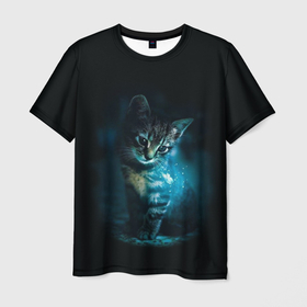 Мужская футболка 3D с принтом красивый кот в Санкт-Петербурге, 100% полиэфир | прямой крой, круглый вырез горловины, длина до линии бедер | Тематика изображения на принте: бабочки и кошки в красивом свете | кот в свете | одинокий кот | только бабочки
