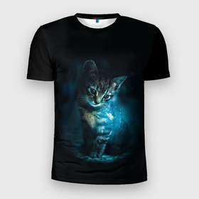 Мужская футболка 3D спортивная с принтом красивый кот , 100% полиэстер с улучшенными характеристиками | приталенный силуэт, круглая горловина, широкие плечи, сужается к линии бедра | бабочки и кошки в красивом свете | кот в свете | одинокий кот | только бабочки