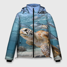 Мужская зимняя куртка 3D с принтом Морская черепаха в Тюмени, верх — 100% полиэстер; подкладка — 100% полиэстер; утеплитель — 100% полиэстер | длина ниже бедра, свободный силуэт Оверсайз. Есть воротник-стойка, отстегивающийся капюшон и ветрозащитная планка. 

Боковые карманы с листочкой на кнопках и внутренний карман на молнии. | море | морская | океан | подводный мир | рыбы | черепаха