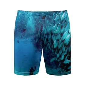 Мужские шорты спортивные с принтом Фото дайвинг в Тюмени,  |  | дайвер | косяк | море | океан | подводный мир | рыбки | рыбы | фото дайвинг