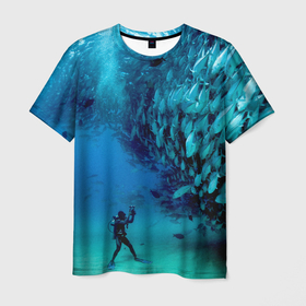 Мужская футболка 3D с принтом Фото дайвинг в Тюмени, 100% полиэфир | прямой крой, круглый вырез горловины, длина до линии бедер | дайвер | косяк | море | океан | подводный мир | рыбки | рыбы | фото дайвинг