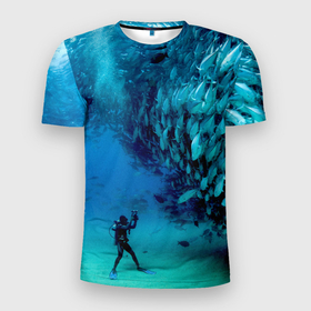 Мужская футболка 3D спортивная с принтом Фото дайвинг , 100% полиэстер с улучшенными характеристиками | приталенный силуэт, круглая горловина, широкие плечи, сужается к линии бедра | дайвер | косяк | море | океан | подводный мир | рыбки | рыбы | фото дайвинг