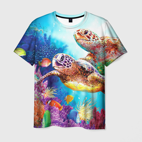 Мужская футболка 3D с принтом Морские черепахи , 100% полиэфир | прямой крой, круглый вырез горловины, длина до линии бедер | коралловые | море | морские | океан | подводный мир | рифы | рыбки | рыбы | черепахи